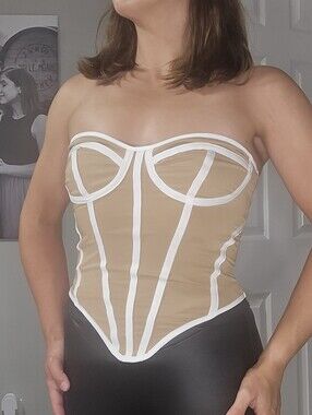 Strapless Corset Bustier in Tan with White Trim
